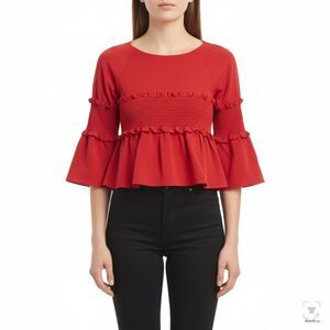 Tibi Red Smocked Peplum Blouse Bell Sleeve Top Stretch Small